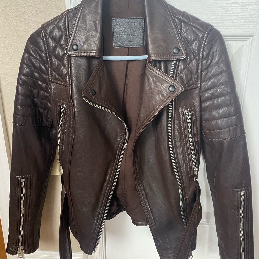 All Saints Quilted Brown Leather Jacket
